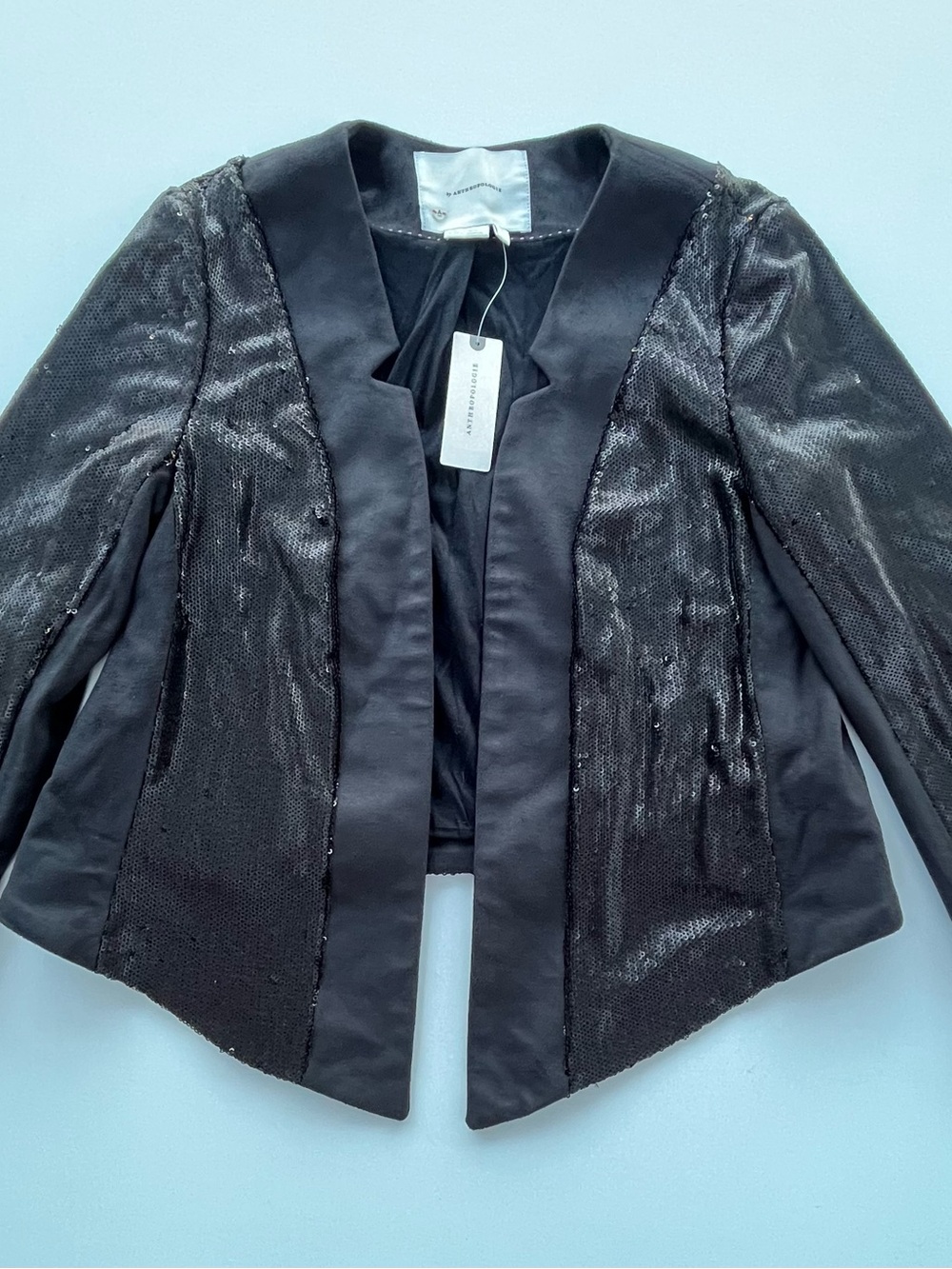 Anthropologie Black Jersey + Sequined open front jacket, notched lapel, XS NWT
